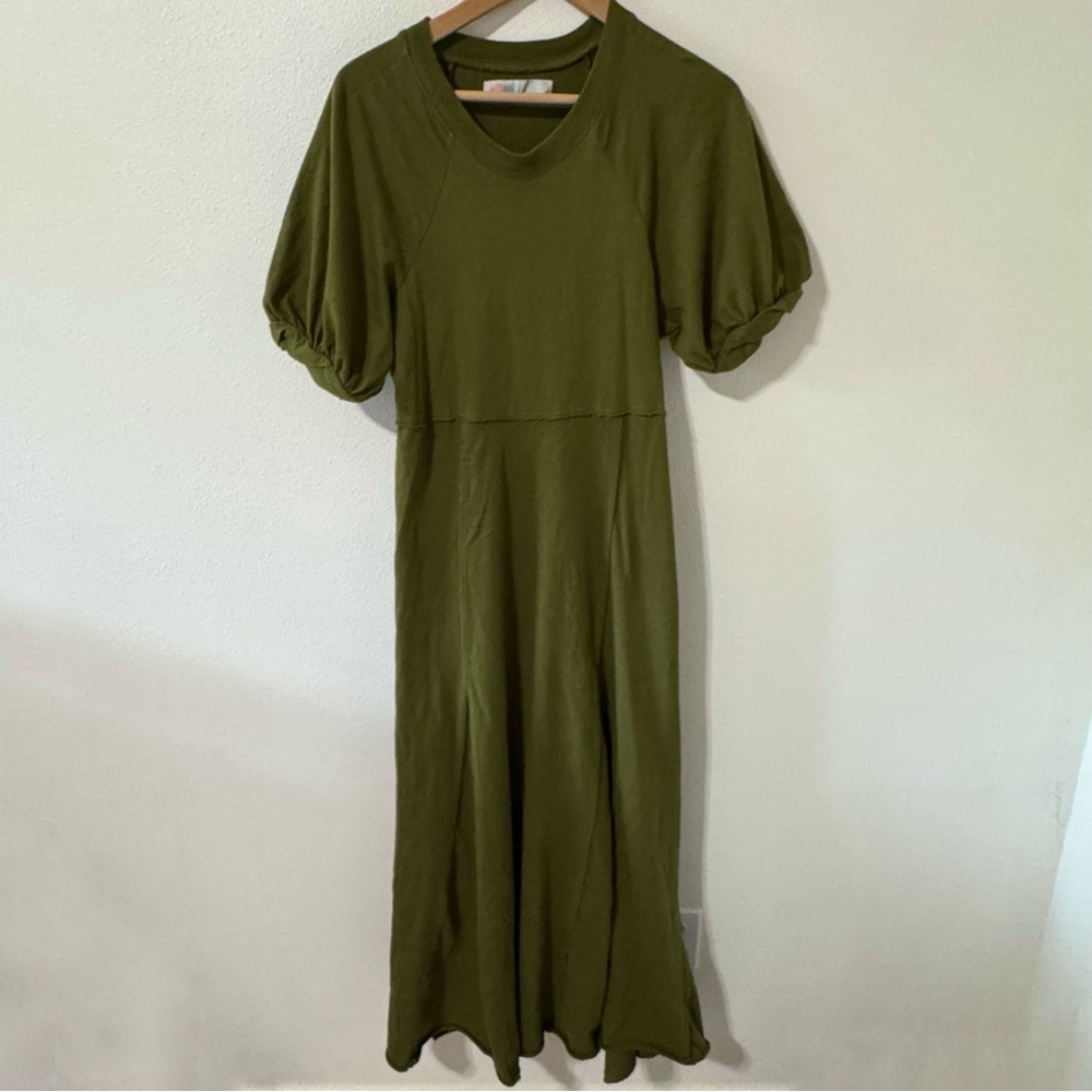 Free People Beach Brentwood Puff Sleeve Maxi Olive Green Cotton Relaxed Fit-S - Picture 2 of 10
